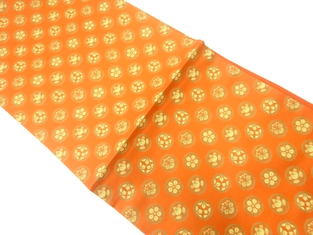 丸文に草花模様織出し全通袋帯